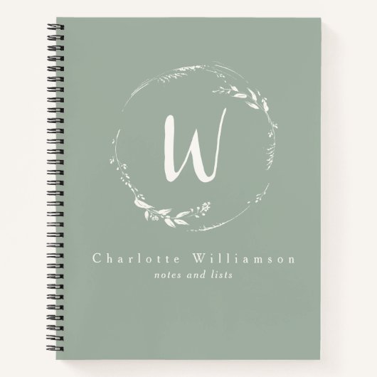 Sage Green Floral Wreath Monogram op persoonlijke Notitieboek (Voorkant)