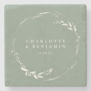 Sage Green Floral Wreath Monogram op persoonlijke Stenen Onderzetter