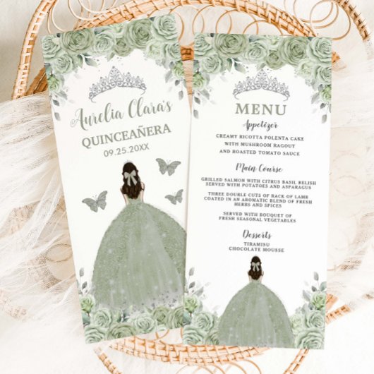 Sage Green Floral Zilver Quinceañera 16 Slank Menu