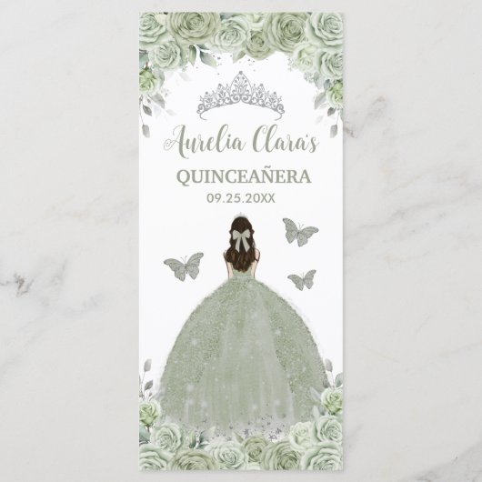 Sage Green Floral Zilver Quinceañera 16 Slank Menu (Achterkant)