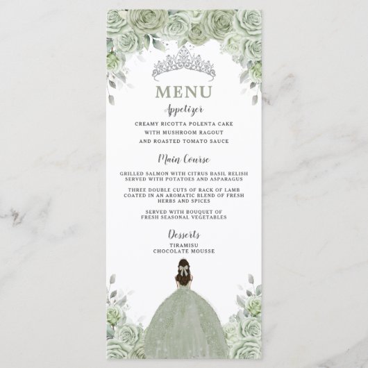 Sage Green Floral Zilver Quinceañera 16 Slank Menu (Voorkant)