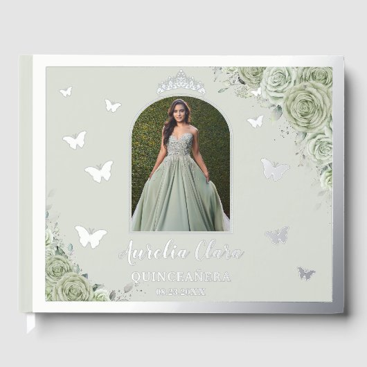Sage Green Floral Zilver Quinceañera Quince Foto Gastenboek (Voorkant)