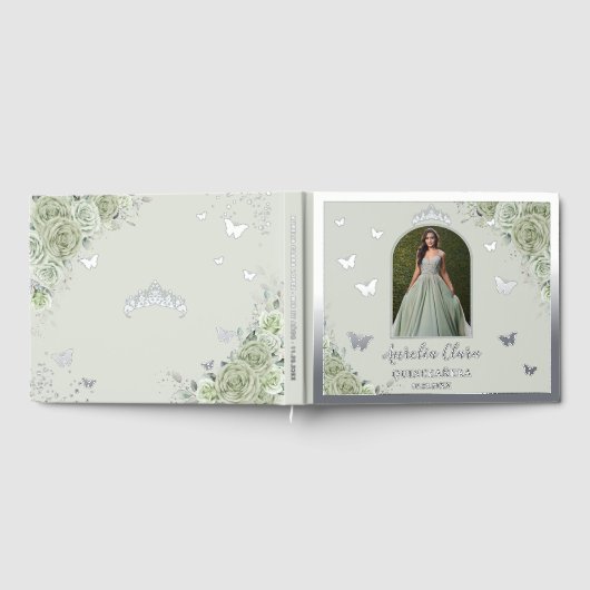 Sage Green Floral Zilver Quinceañera Quince Foto Gastenboek (Volledig)