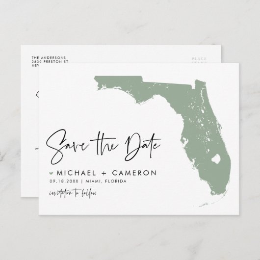 Sage Green Florida Map Modern Script Save the Date Aankondigingskaart (Voorkant / Achterkant)