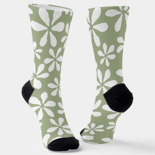Sage Green Flower Pattern Moderne  Bloemen Sokken (Gebogen)