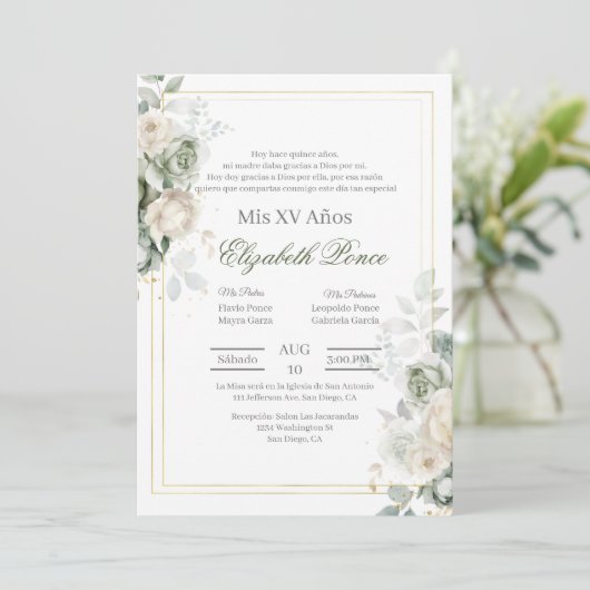 Sage green flower Quinceanera Kaart (Staand voorkant)