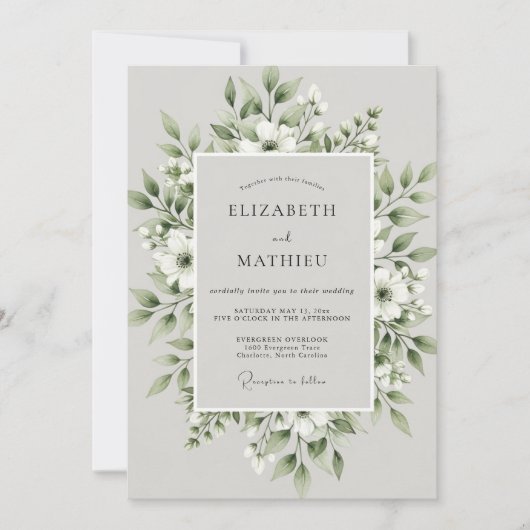 Sage Green Foliage Bloom Wedding Kaart (Voorkant)