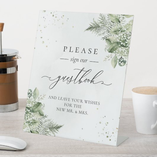 Sage Green Foliage Botanical Wedding Guestbook Reclamebord Met Voetstuk (Insitu)