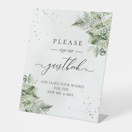 Sage Green Foliage Botanical Wedding Guestbook Reclamebord Met Voetstuk (Voorkant)