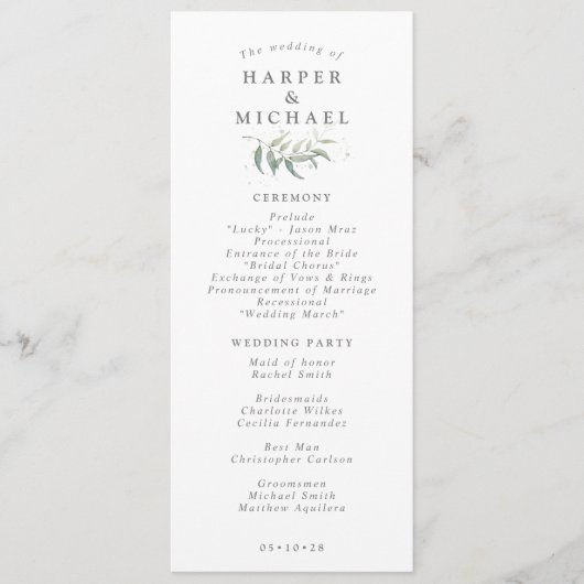 Sage green foliage bruiloft programmakaart (Voorkant)