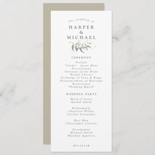 Sage green foliage bruiloft programmakaart (Voorkant / Achterkant)
