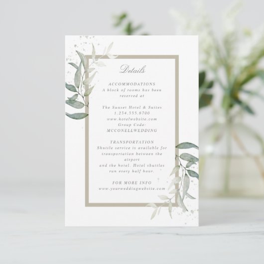 Sage green foliage bruiloft trouwgegevens omsluiti RSVP kaartje (Staand voorkant)