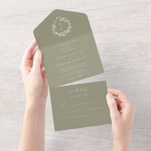 Sage Green Foliage Crest All in One Wedding Invite Uitnodiging (Afscheurbaar)