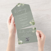 Sage Green Foliage Floral QR Code Monogram Weddens All In One Uitnodiging (Afscheurbaar)