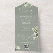 Sage Green Foliage Floral QR Code Monogram Weddens All In One Uitnodiging (Binnen)