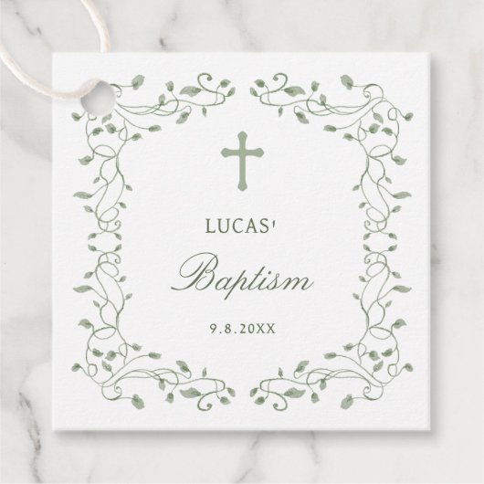 Sage Green Foliage Frame Baptism Bedankjes Labels (Voorkant)