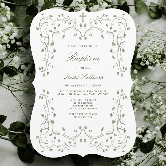 Sage Green Foliage Frame Baptism Invitation Kaart