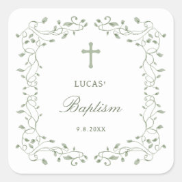 Sage Green Foliage Frame Baptism Vierkante Sticker