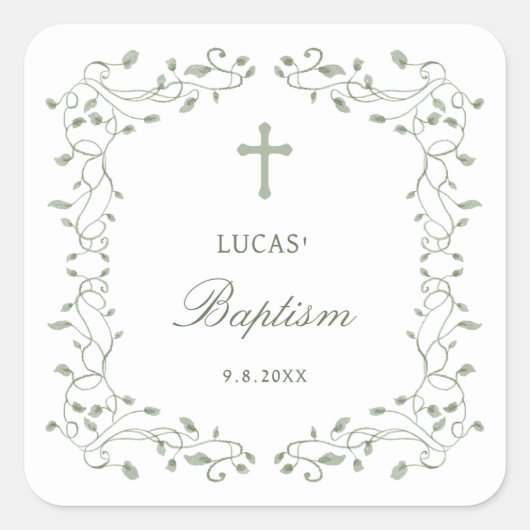Sage Green Foliage Frame Baptism Vierkante Sticker (Voorkant)