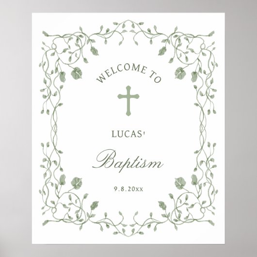 Sage Green Foliage Frame Baptism Welcome Poster (Voorkant)