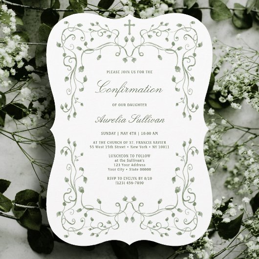 Sage Green Foliage Frame Confirmation Invitation Kaart