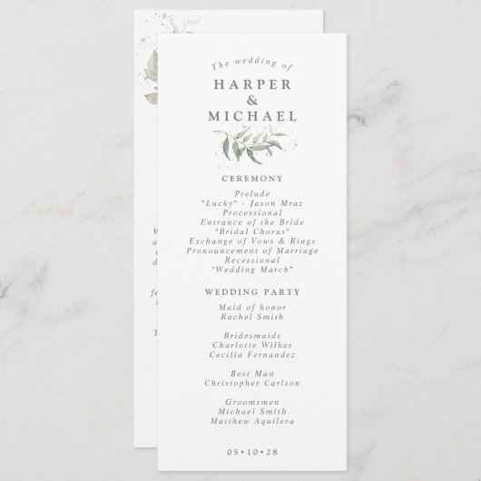 Sage green foliage Photo bruiloft Programmakaart (Voorkant / Achterkant)