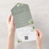 Sage Green Foliage QR Code Monogram Weddenschap All In One Uitnodiging (Afscheurbaar)