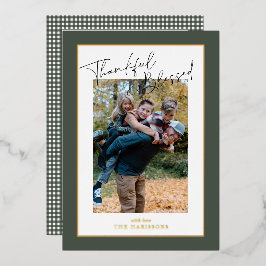 Sage Green folie gingham Thanksgiving familiefoto Folie Feestdagenkaart
