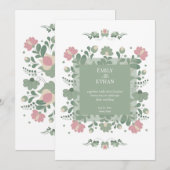 Sage Green Folk Wildflower Wedding Kaart (Voorkant / Achterkant)