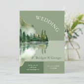 Sage Green Forest Lake Landscape Wedding Kaart (Staand voorkant)