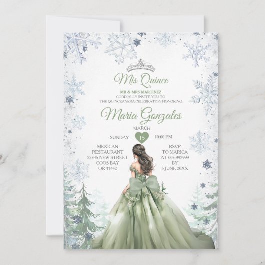 Sage Green Forest Winter Princess Mis Quince Kaart (Voorkant)