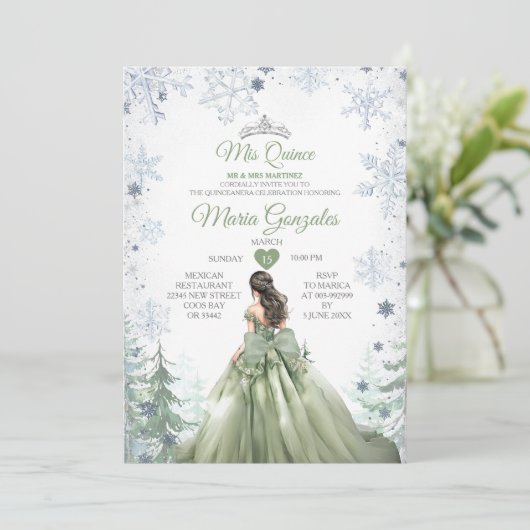 Sage Green Forest Winter Princess Mis Quince Kaart (Staand voorkant)