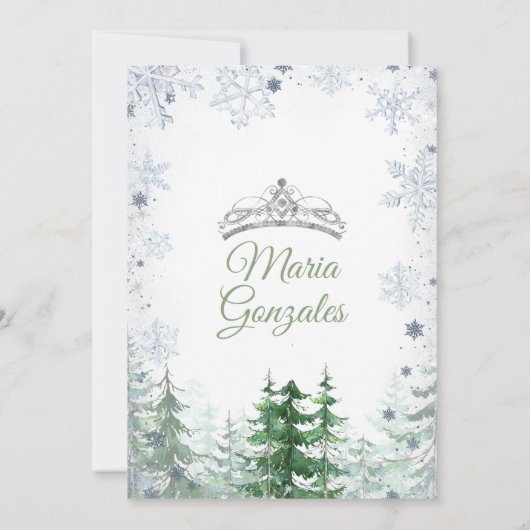 Sage Green Forest Winter Princess Mis Quince Kaart (Achterkant)