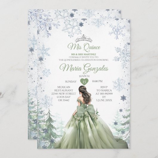 Sage Green Forest Winter Princess Mis Quince Kaart (Voorkant / Achterkant)