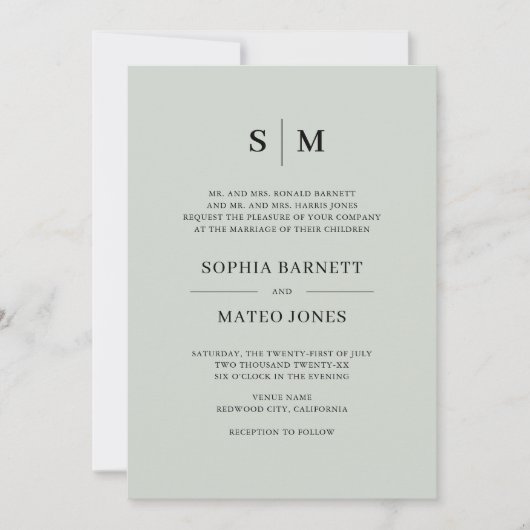 Sage Green Formal Monogram Elegante Uitnodiging vo (Voorkant)