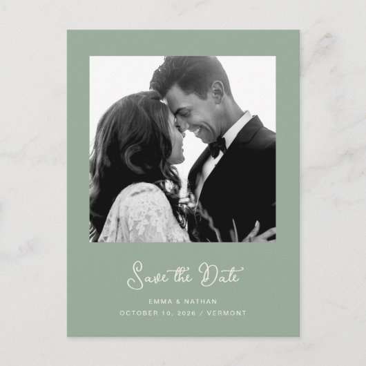 Sage Green Foto | QR-code De datum opslaan Aankondigingskaart (Voorkant)