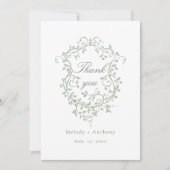 Sage Green Franse Floral Crest Trouwfoto Bedankkaart (Voorkant)