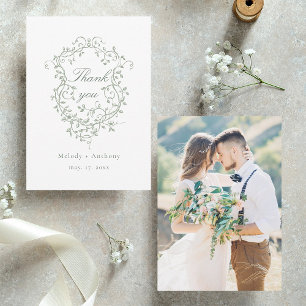 Sage Green Franse Floral Crest Trouwfoto Bedankkaart