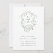 Sage Green Franse Floral Crest Trouwfoto Save The Date (Achterkant)