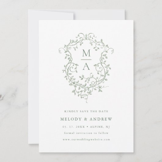 Sage Green Franse Floral Crest Trouwfoto Save The Date (Achterkant)