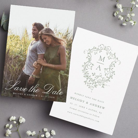 Sage Green Franse Floral Crest Trouwfoto Save The Date