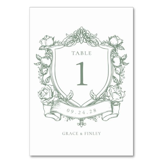 Sage Green Franse Rozen  Crest Wedding Kaart (Achterkant)