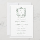 Sage Green Franse Rozen Monogram Crest Wedding Kaart (Voorkant)