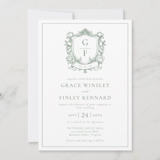 Sage Green Franse Rozen Monogram Crest Wedding Kaart (Voorkant)