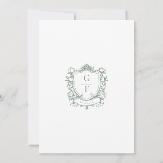 Sage Green Franse Rozen Monogram Crest Wedding Kaart (Achterkant)