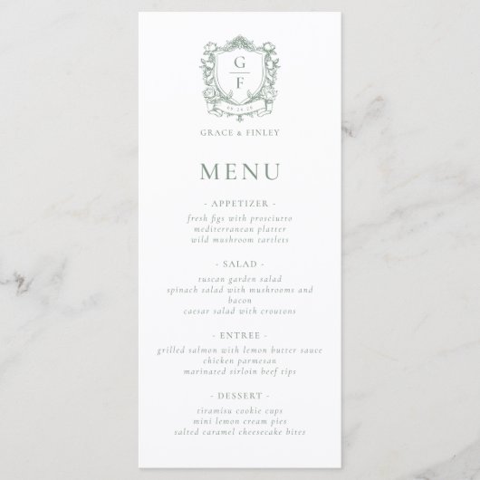 Sage Green Franse Rozen Monogram Crest Wedding Menu (Voorkant)