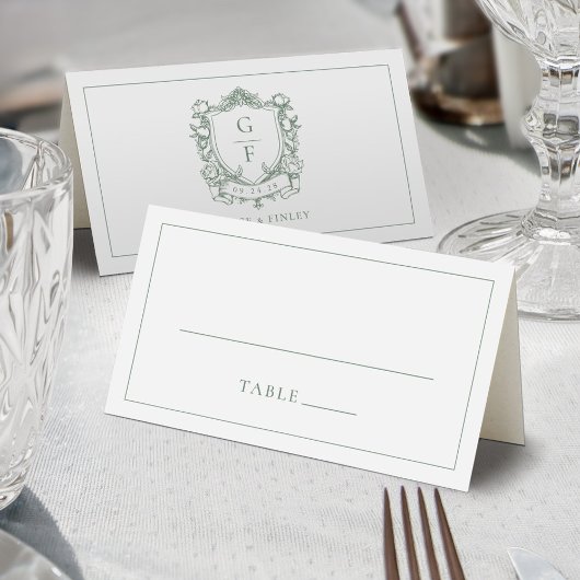 Sage Green Franse Rozen Monogram Crest Wedding Plaatskaartje