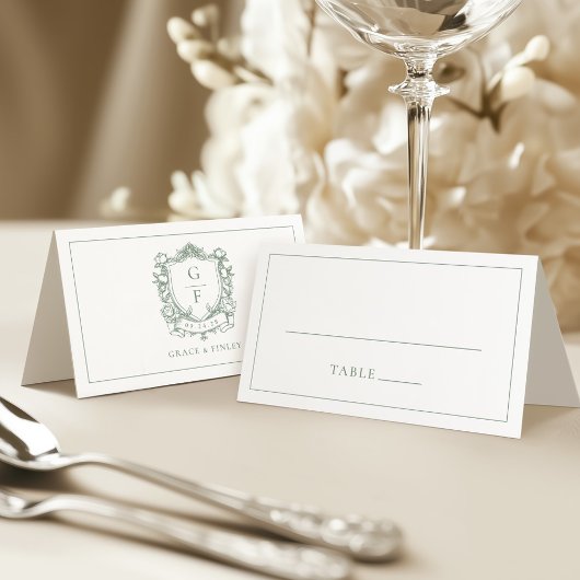 Sage Green Franse Rozen Monogram Crest Wedding Plaatskaartje