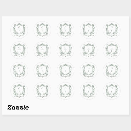 Sage Green Franse Rozen Monogram Crest Wedding Ronde Sticker (Vel)