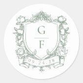 Sage Green Franse Rozen Monogram Crest Wedding Ronde Sticker (Voorkant)